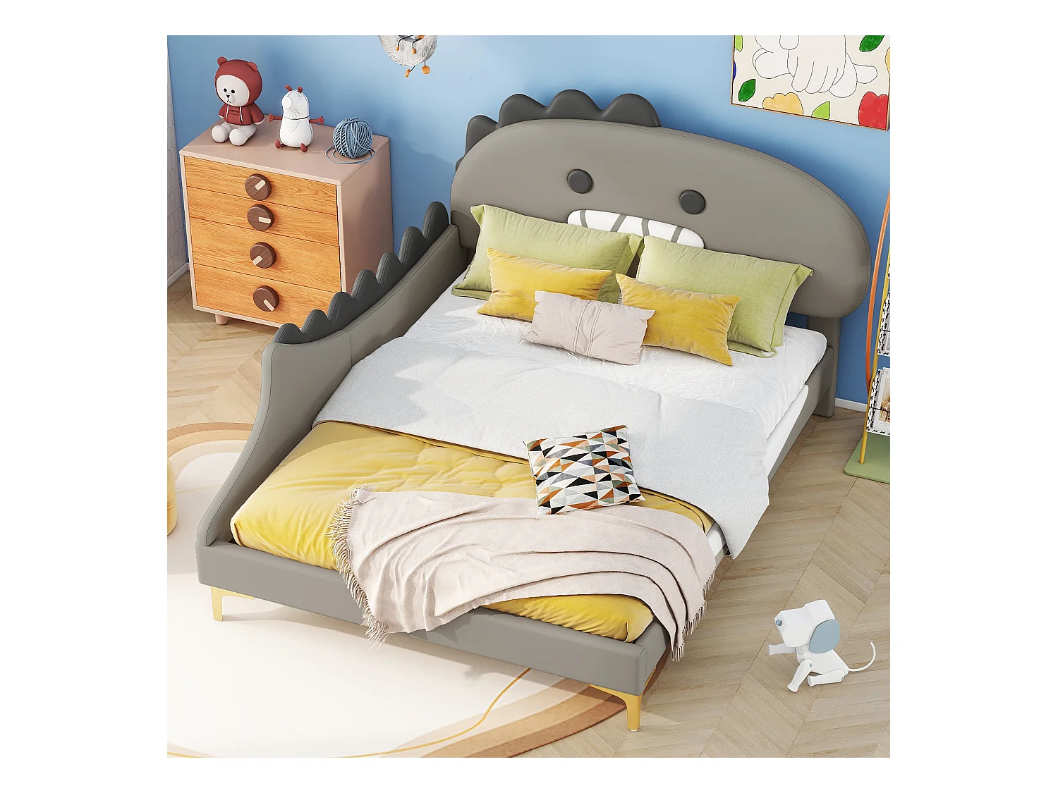 Lit enfant 90x200cm avec tête de lit en forme de dinosaure, en PU gris, sans matelas