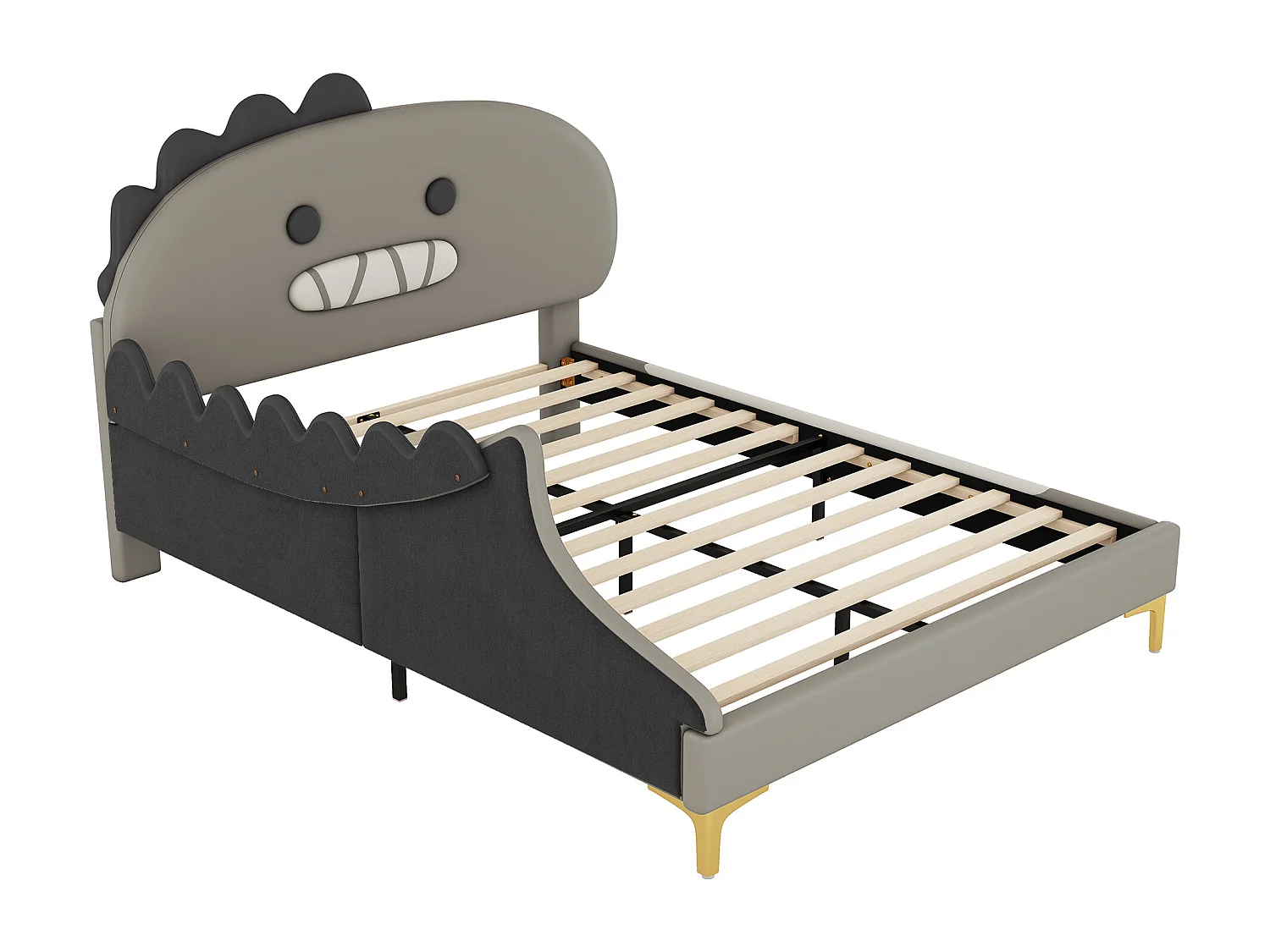 Cama infantil 90x200 cm com cabeceira em forma de dinossauro, PU cinza, sem colchão