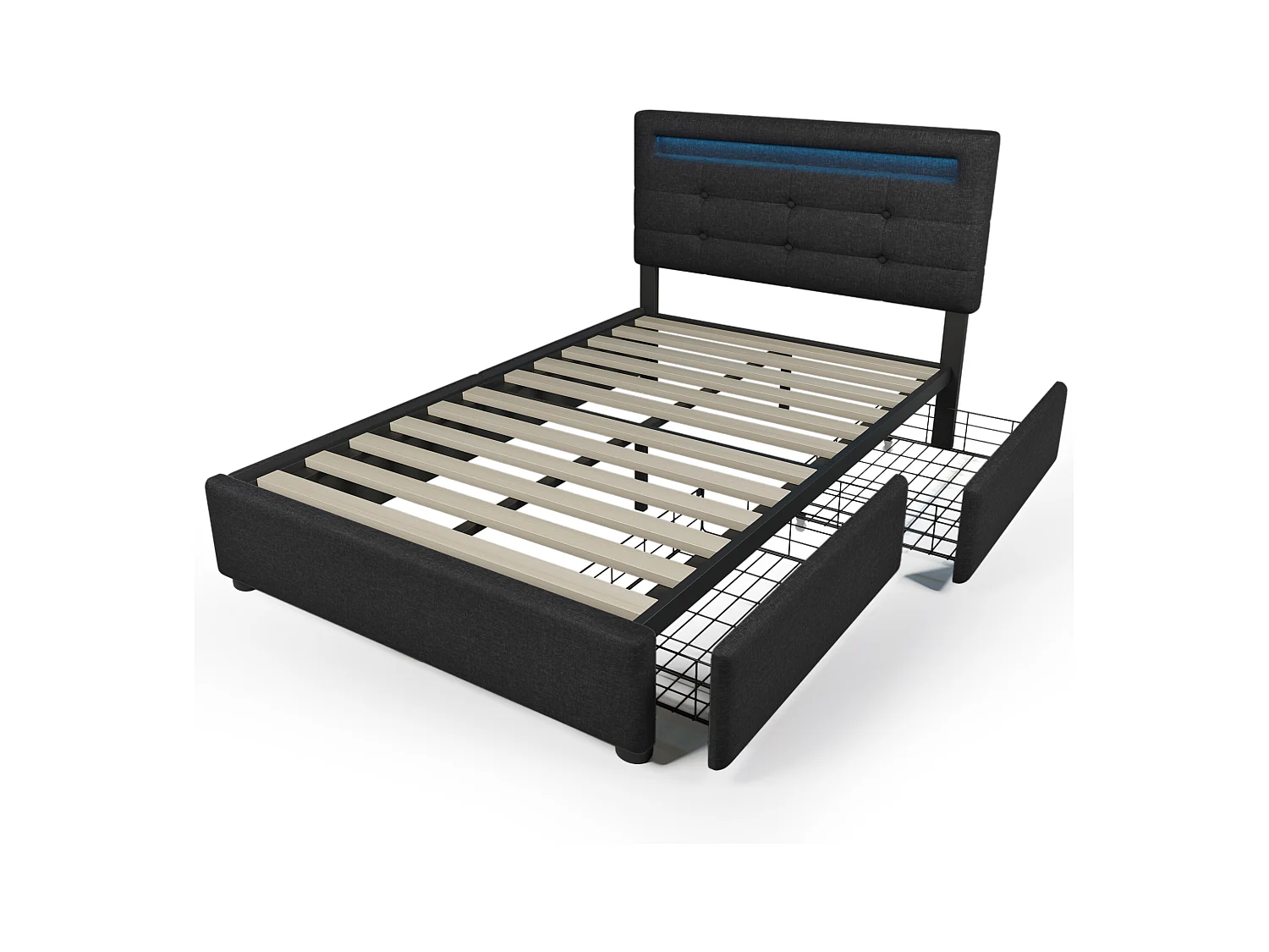 Lit adulte 90x200cm avec 2 tiroirs et LED, tête de lit réglable, lin noir, sans matelas