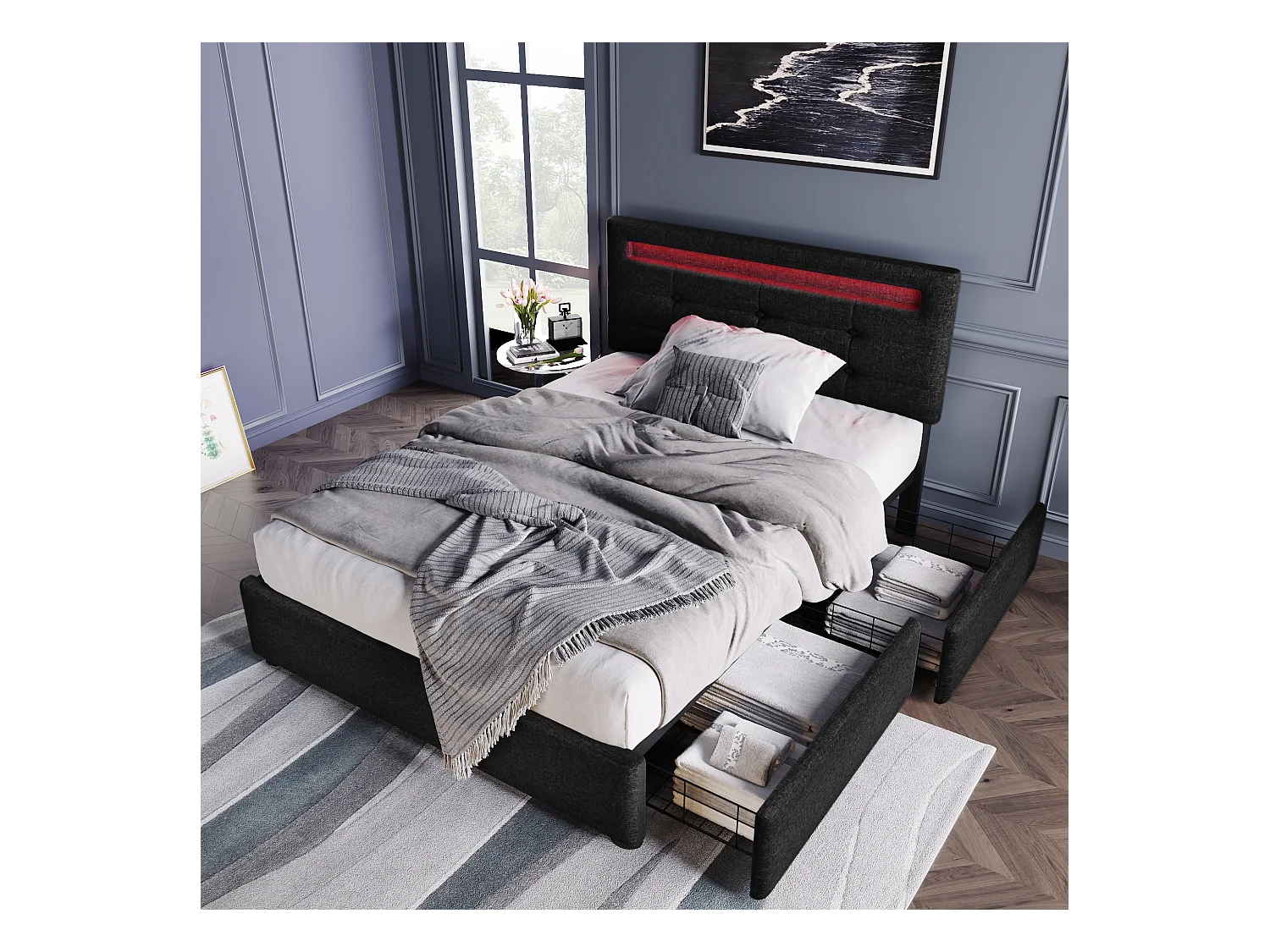 Lit adulte 90x200cm avec 2 tiroirs et LED, tête de lit réglable, lin noir, sans matelas