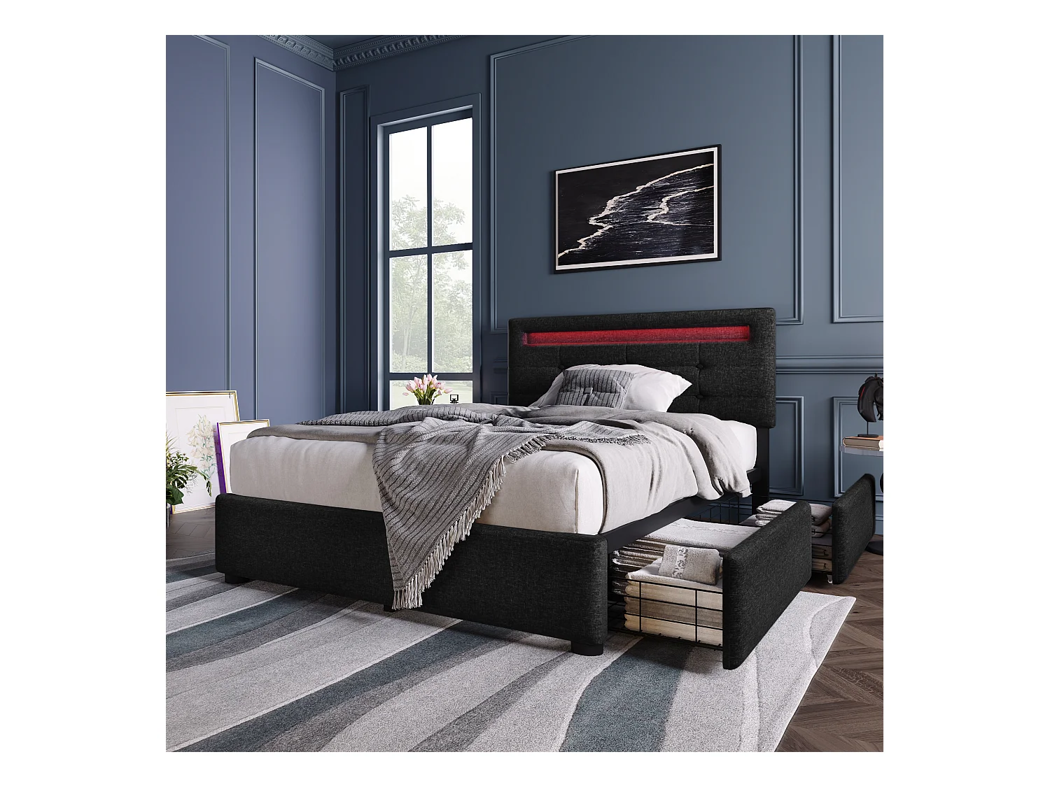 Lit adulte 90x200cm avec 2 tiroirs et LED, tête de lit réglable, lin noir, sans matelas