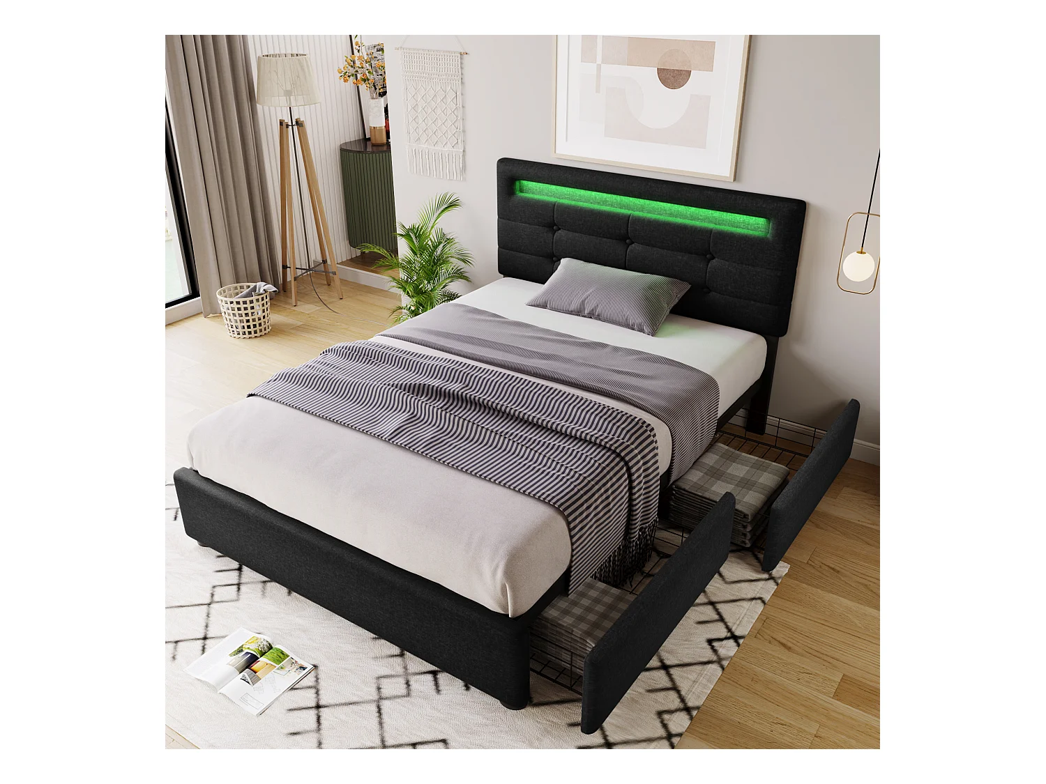 Lit adulte 90x200cm avec 2 tiroirs et LED, tête de lit réglable, lin noir, sans matelas