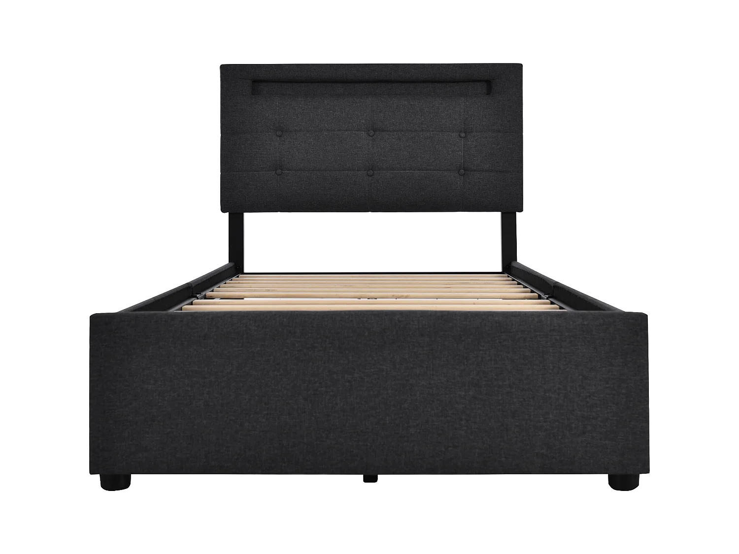 Lit adulte 90x200cm avec 2 tiroirs et LED, tête de lit réglable, lin noir, sans matelas