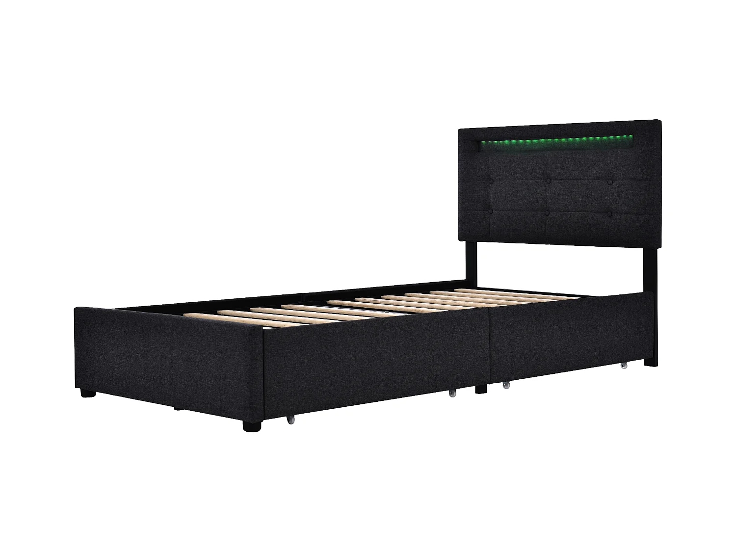 Lit adulte 90x200cm avec 2 tiroirs et LED, tête de lit réglable, lin noir, sans matelas
