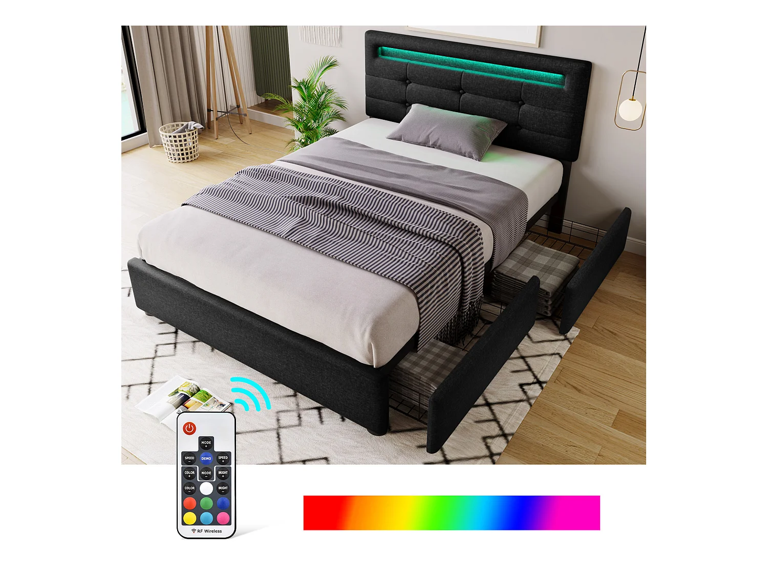Lit adulte 90x200cm avec 2 tiroirs et LED, tête de lit réglable, lin noir, sans matelas