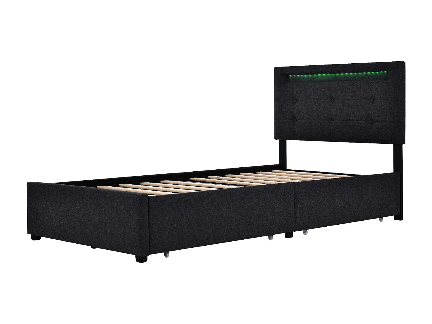 Lit adulte 90x200cm avec 2 tiroirs et LED, tête de lit réglable, lin noir, sans matelas