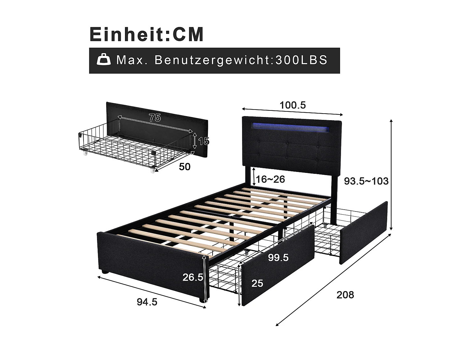 Lit adulte 90x200cm avec 2 tiroirs et LED, tête de lit réglable, lin noir, sans matelas