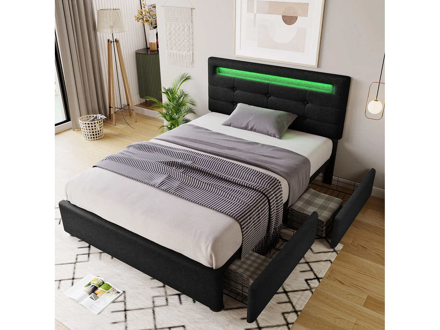 Lit adulte 90x200cm avec 2 tiroirs et LED, tête de lit réglable, lin noir, sans matelas