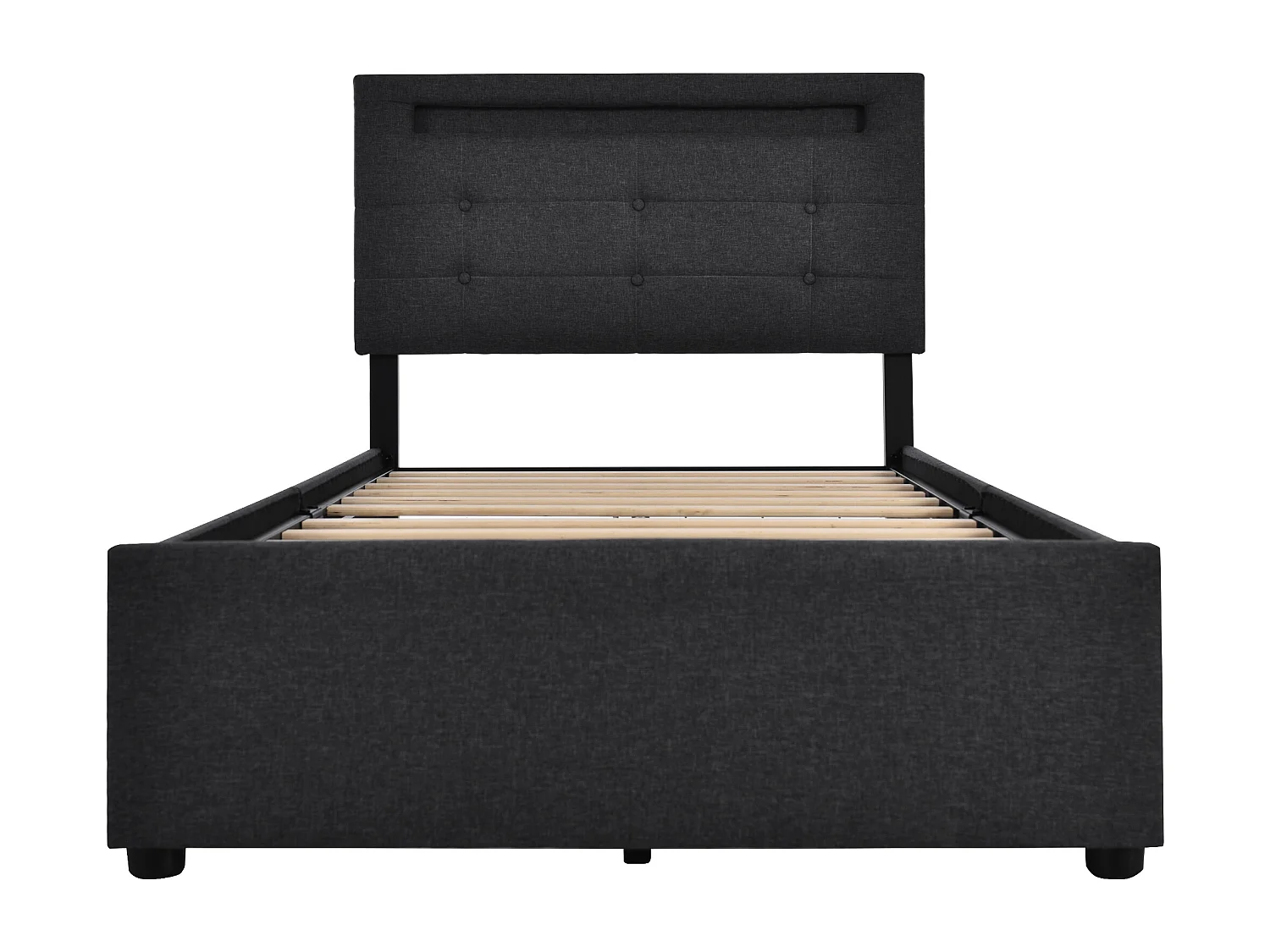 Letto singolo 90x200 cm con 2 cassetti e LED, testiera regolabile, lino nero, senza materasso