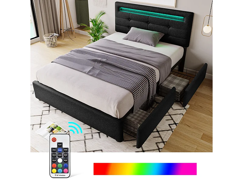 Lit adulte 90x200cm avec 2 tiroirs et LED, tête de lit réglable, lin noir, sans matelas