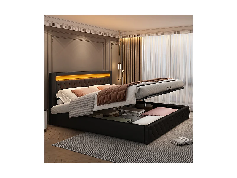 Lit rembourré 160 x 200 cm, lit fonctionnel avec cadre à lattes et rangement, avec éclairage LED, avec rangement, noir, pu
