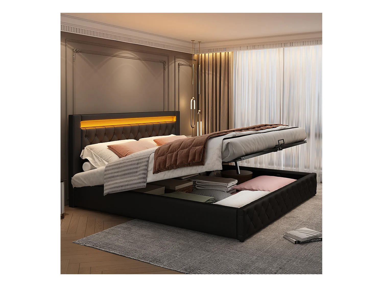 Lit rembourré 160 x 200 cm, lit fonctionnel avec cadre à lattes et rangement, avec éclairage LED, avec rangement, noir, pu