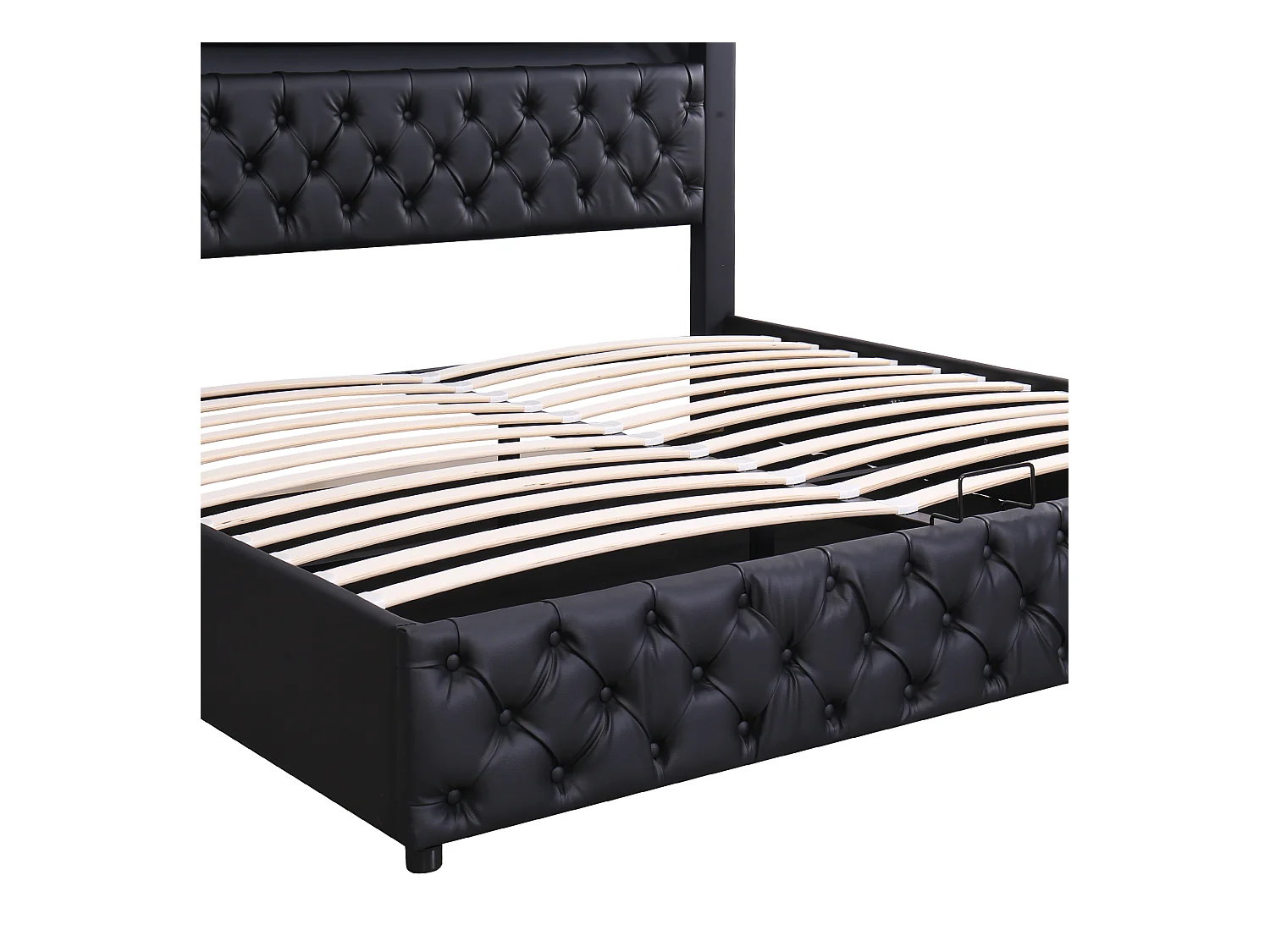 Lit rembourré 160 x 200 cm, lit fonctionnel avec cadre à lattes et rangement, avec éclairage LED, avec rangement, noir, pu