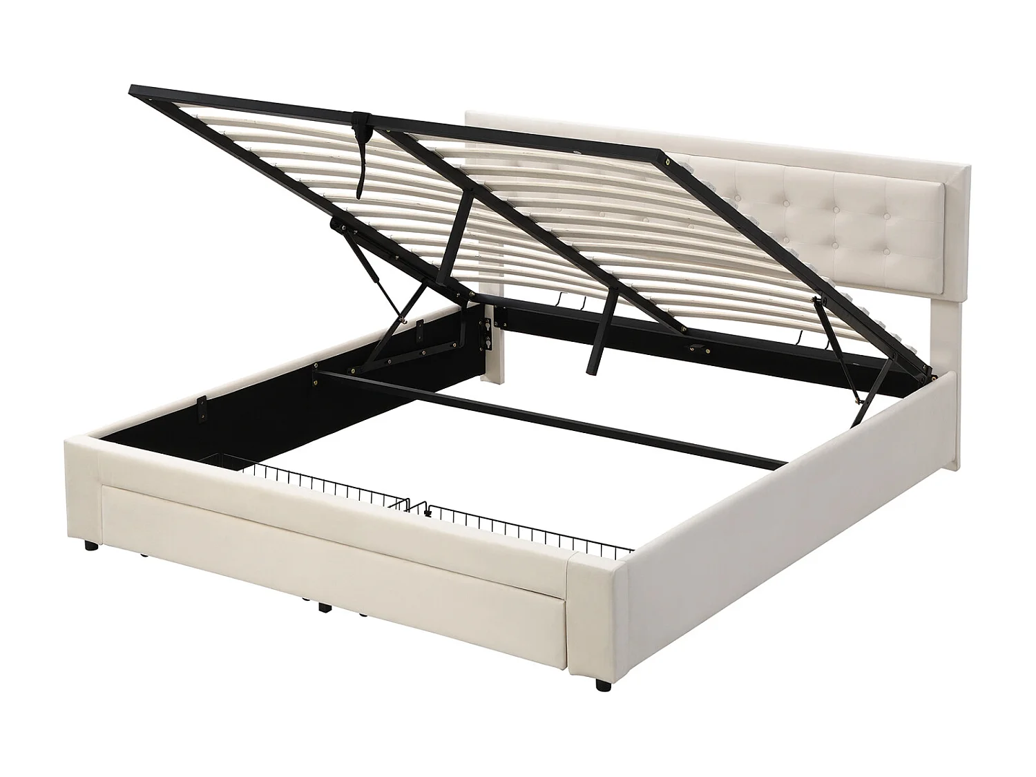 Lit avec boîte et tiroirs, tissu velours, lit rembourré, cadre à lattes, lit double, grand rangement, 180 x 200, beige