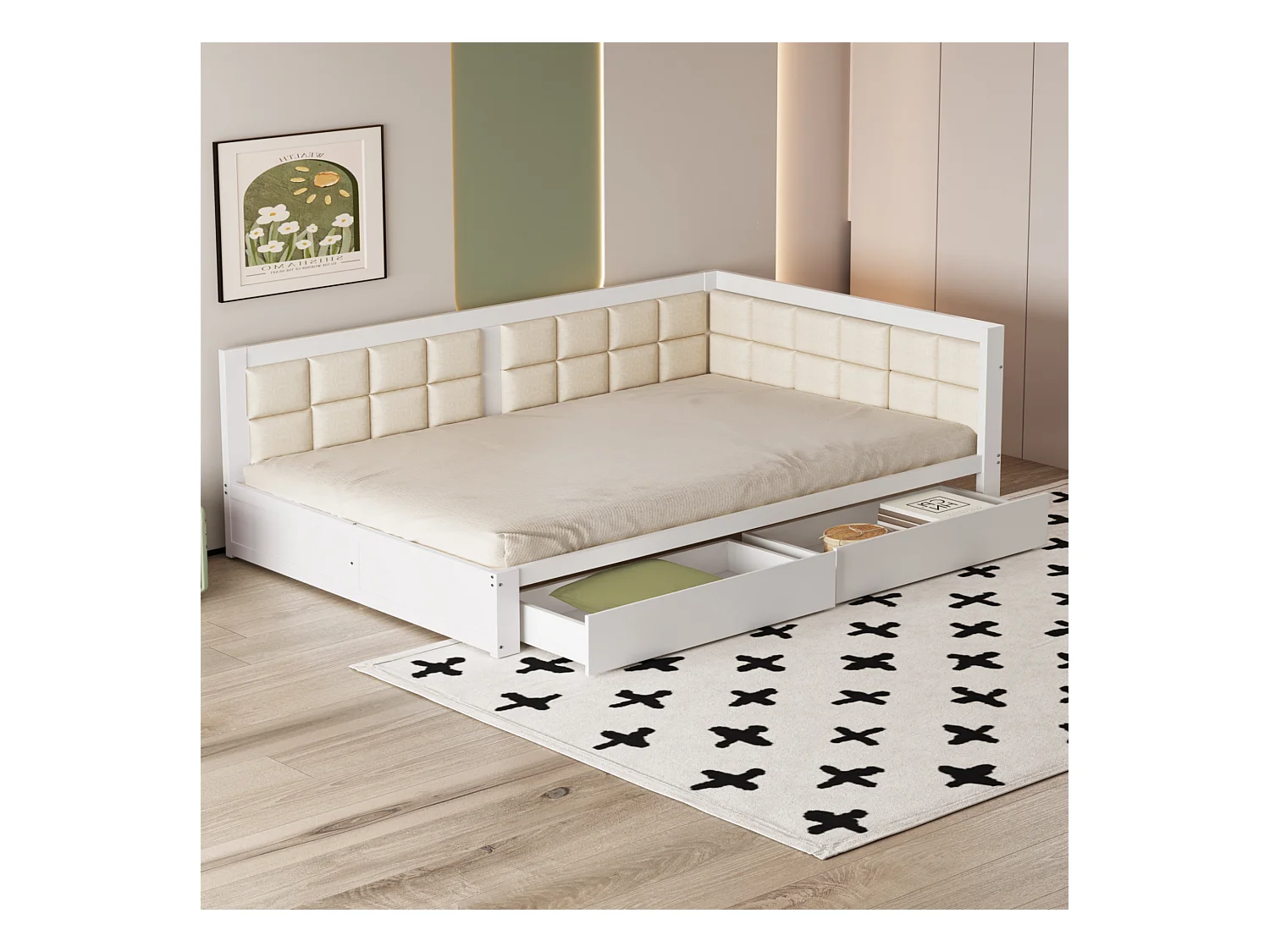 Lit enfant 140x200cm avec 2 tiroirs, sommier à lattes, pin, blanc, sans matelas