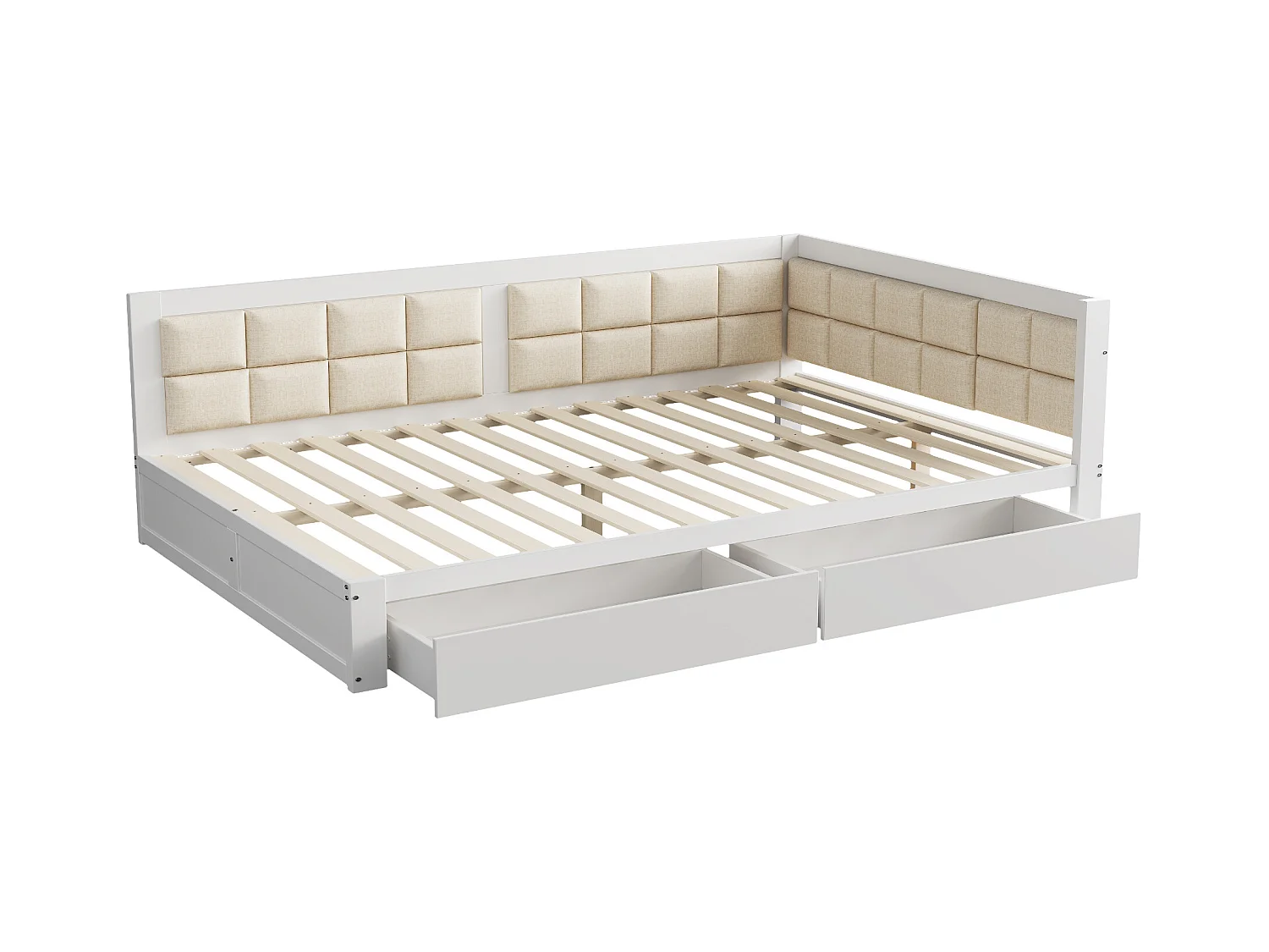 Lit enfant 140x200cm avec 2 tiroirs, sommier à lattes, pin, blanc, sans matelas