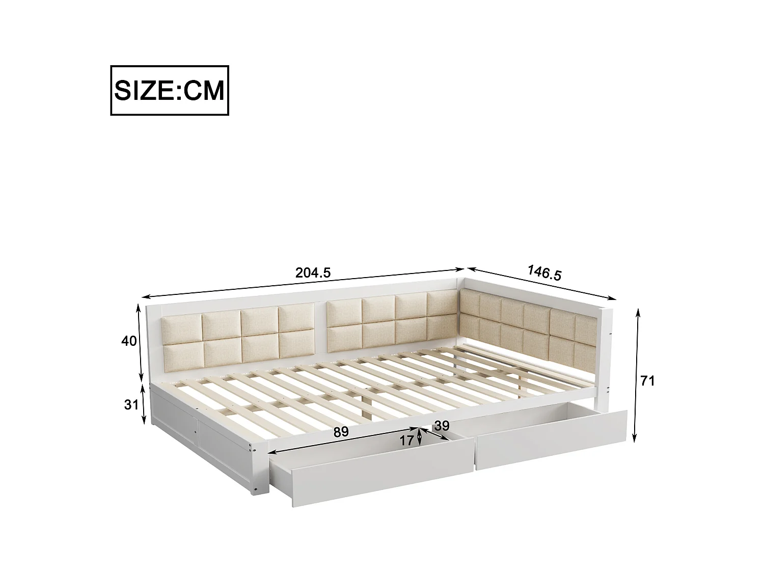 Lit enfant 140x200cm avec 2 tiroirs, sommier à lattes, pin, blanc, sans matelas