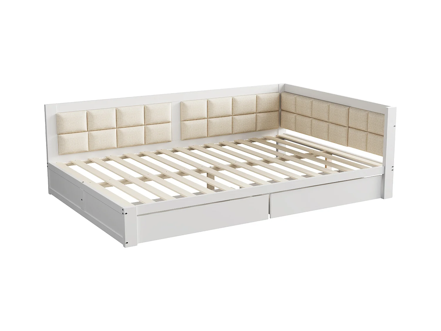 Lit enfant 140x200cm avec 2 tiroirs, sommier à lattes, pin, blanc, sans matelas