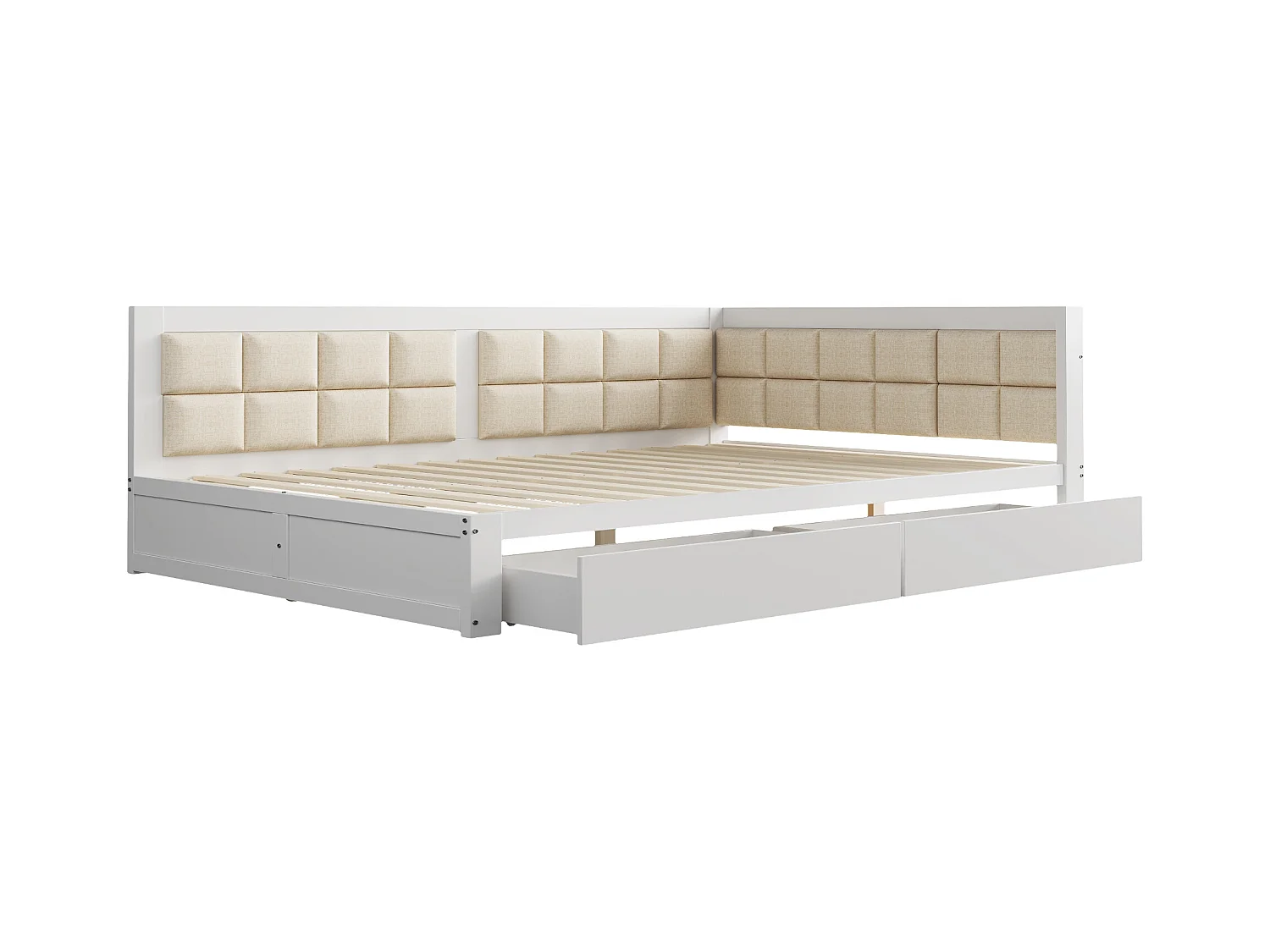 Lit enfant 140x200cm avec 2 tiroirs, sommier à lattes, pin, blanc, sans matelas