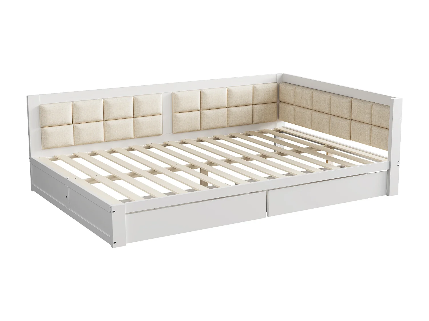 Lit enfant 140x200cm avec 2 tiroirs, sommier à lattes, pin, blanc, sans matelas