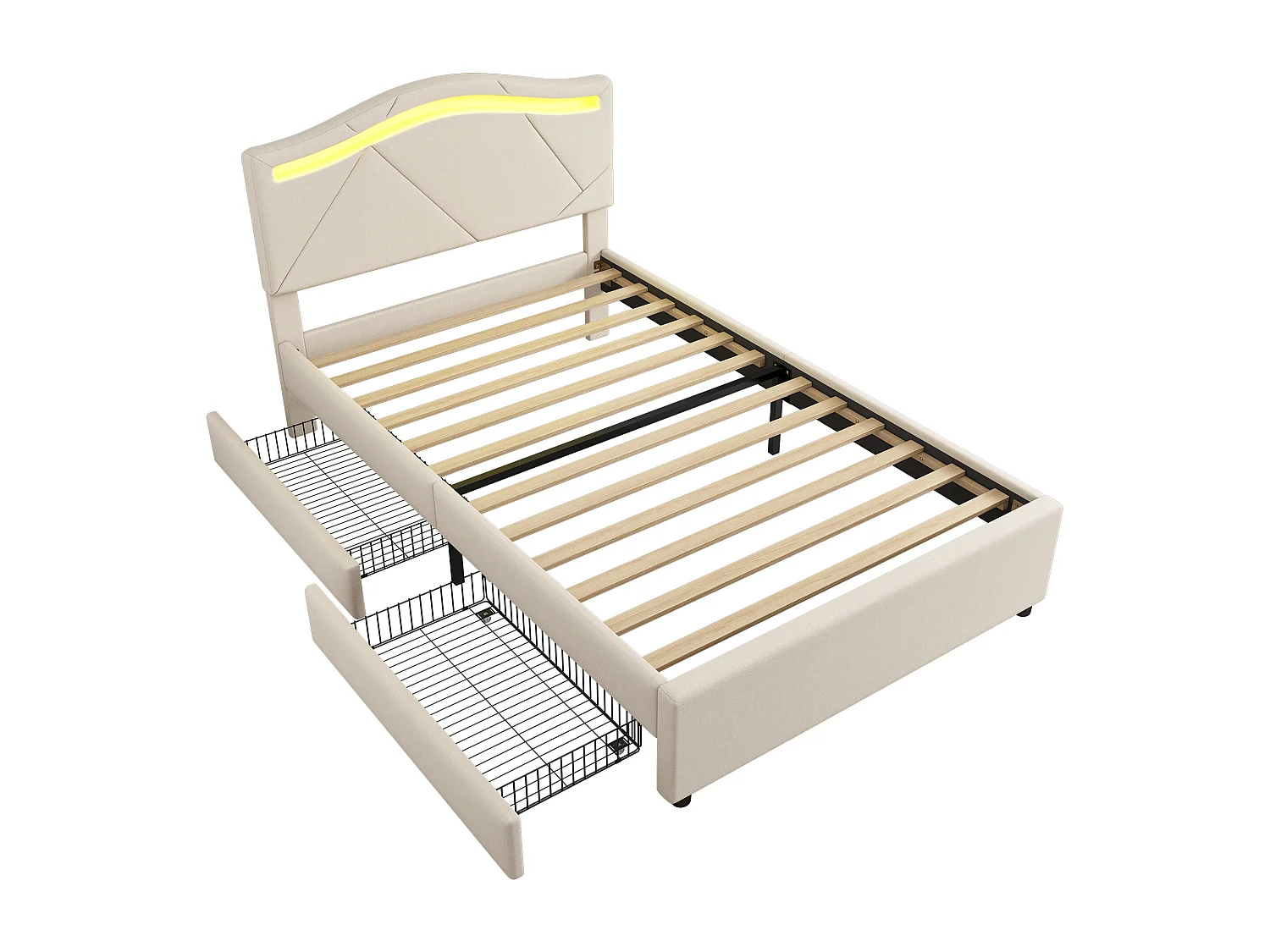 Lit adulte 90x200cm avec LED et 2 tiroirs, sommier à lattes, lin beige, sans matelas