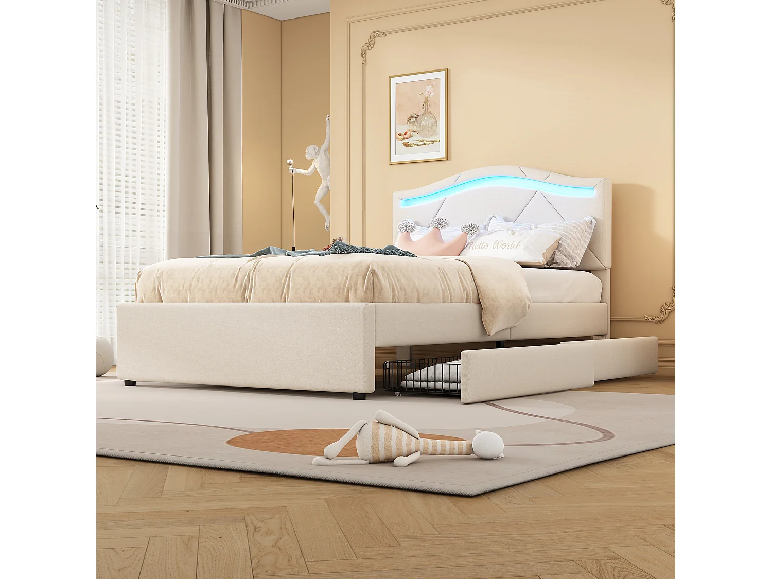 Lit adulte 90x200cm avec LED et 2 tiroirs, sommier à lattes, lin beige, sans matelas