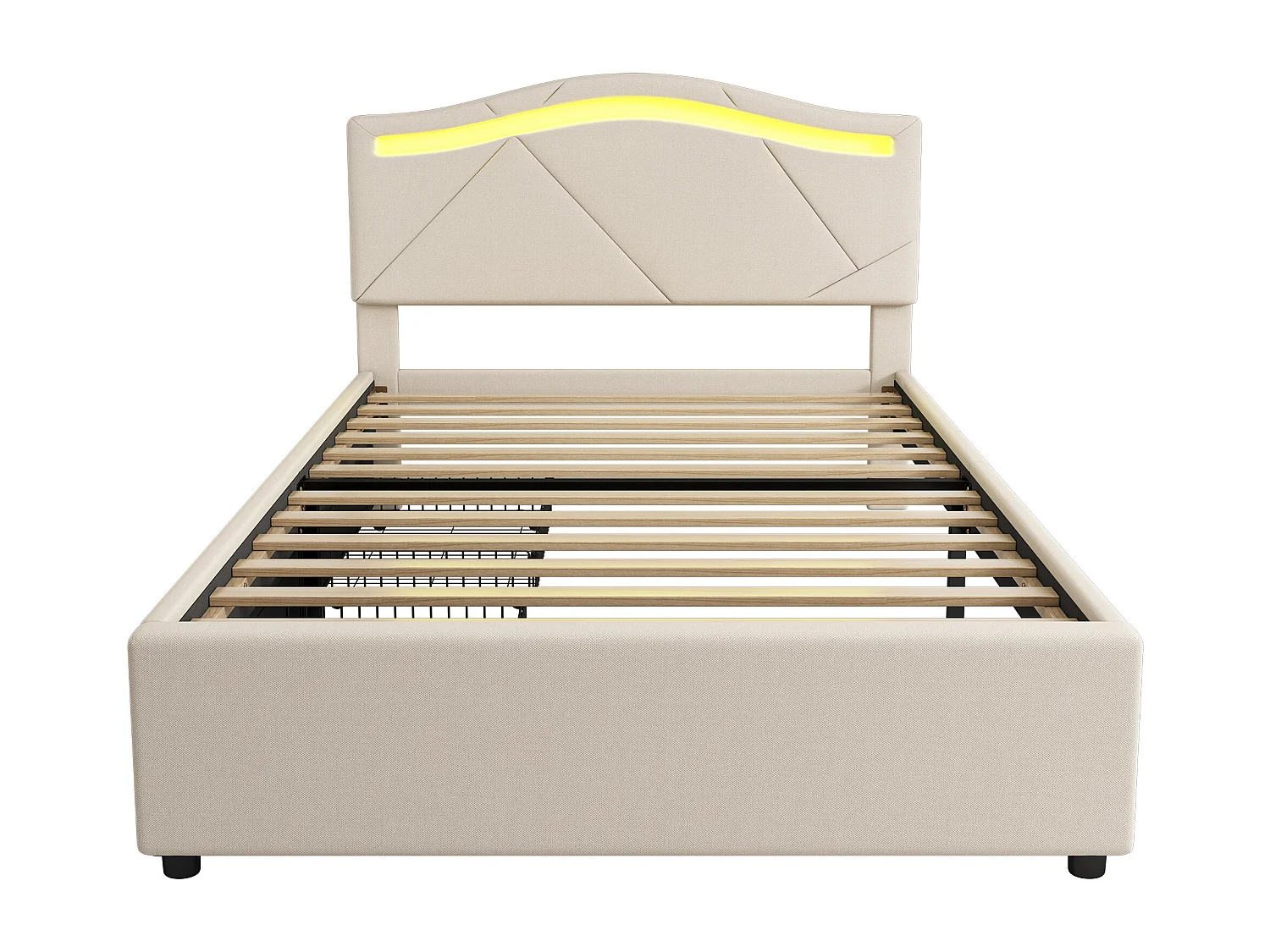 Lit adulte 90x200cm avec LED et 2 tiroirs, sommier à lattes, lin beige, sans matelas
