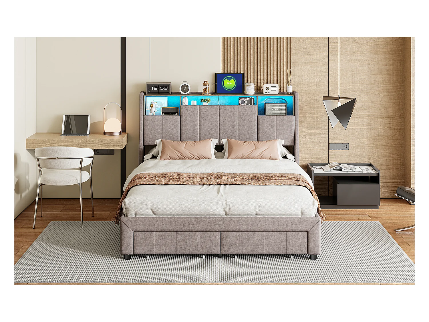 Lit double 160 x 200 cm, tête avec lumières LED, ports USB et compartiment de stockage, 2 caisses, lit d'invité, lit pour enfants, tissu de lin, gris