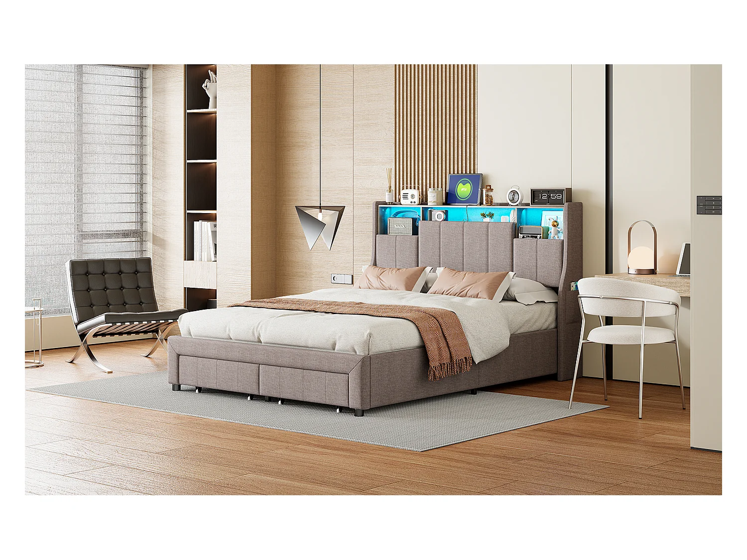 Lit double 160 x 200 cm, tête avec lumières LED, ports USB et compartiment de stockage, 2 caisses, lit d'invité, lit pour enfants, tissu de lin, gris