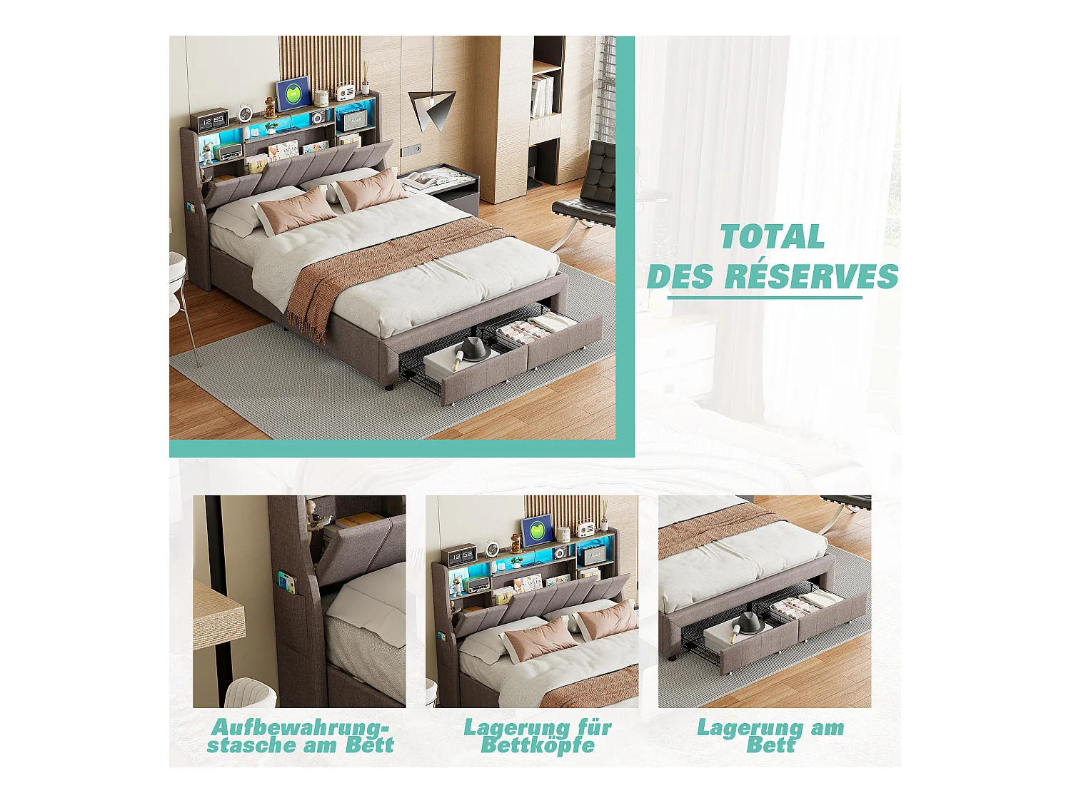 Lit double 160 x 200 cm, tête avec lumières LED, ports USB et compartiment de stockage, 2 caisses, lit d'invité, lit pour enfants, tissu de lin, gris