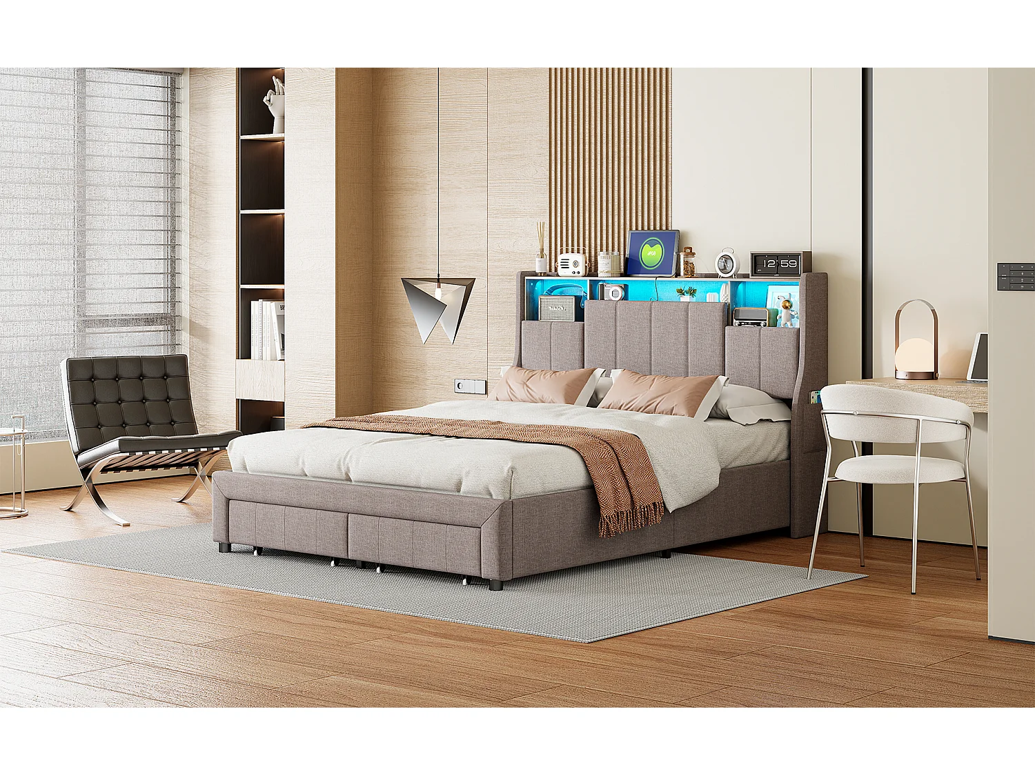 Lit double 160 x 200 cm, tête avec lumières LED, ports USB et compartiment de stockage, 2 caisses, lit d'invité, lit pour enfants, tissu de lin, gris