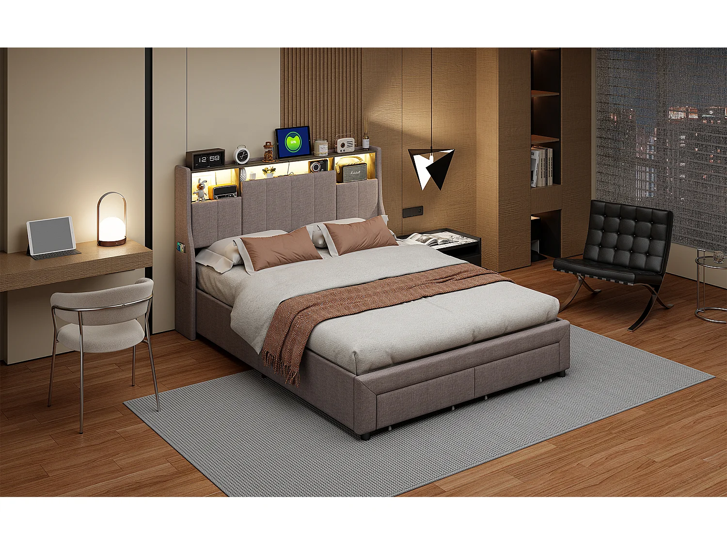 Lit double 160 x 200 cm, tête avec lumières LED, ports USB et compartiment de stockage, 2 caisses, lit d'invité, lit pour enfants, tissu de lin, gris