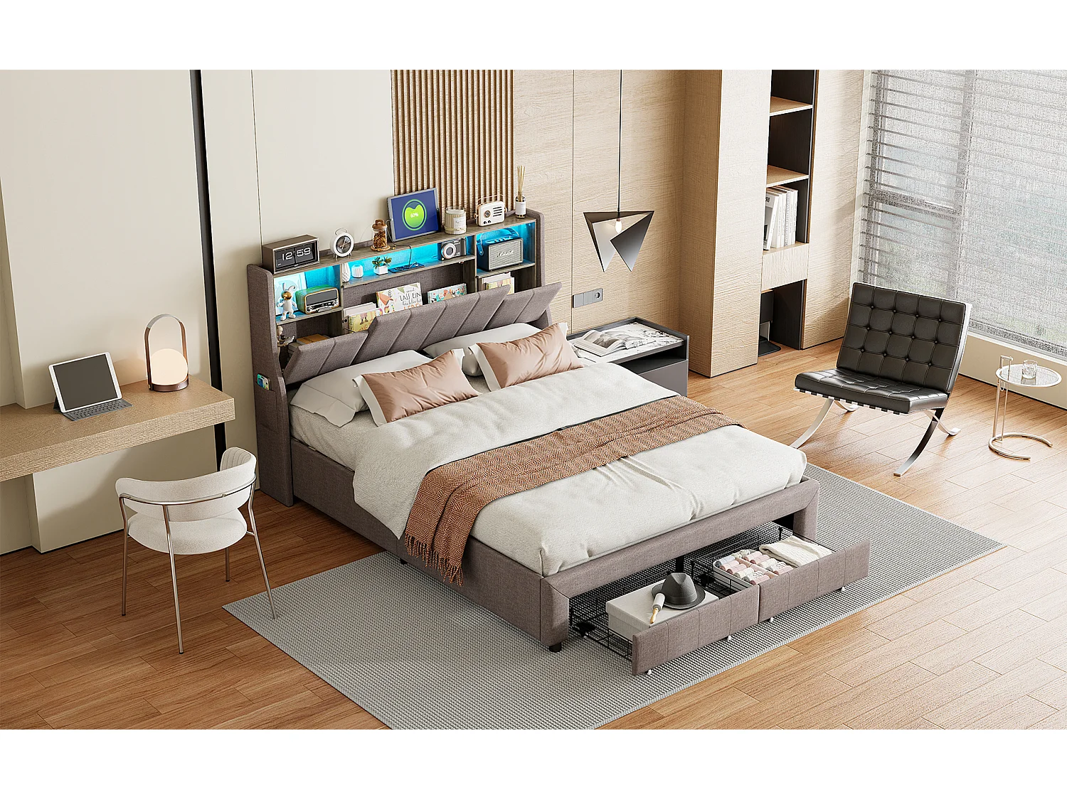 Lit double 160 x 200 cm, tête avec lumières LED, ports USB et compartiment de stockage, 2 caisses, lit d'invité, lit pour enfants, tissu de lin, gris