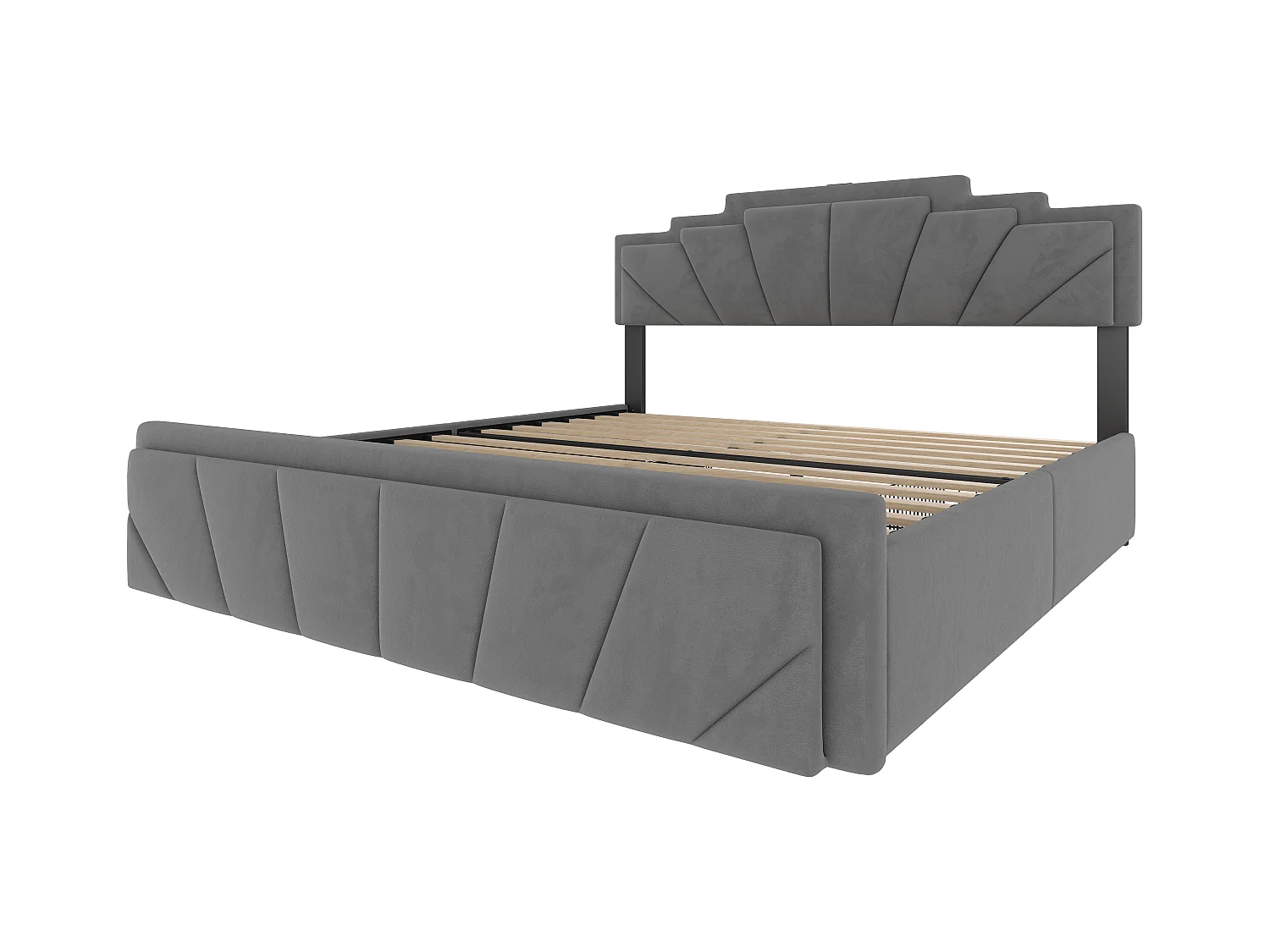 Lit adulte 140x200cm avec 4 tiroirs， LED et USB type-C, tête de lit réglable, velours gris, sans matelas