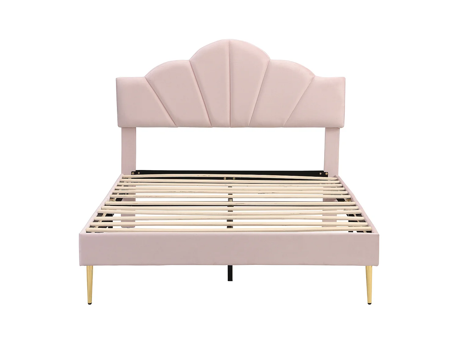 Velours, lit rembourré, 140*190 cm, lit double, lit en forme de coquille avec pieds en fer doré, tête de lit réglable en hauteur, sommier à lattes en bois, rose