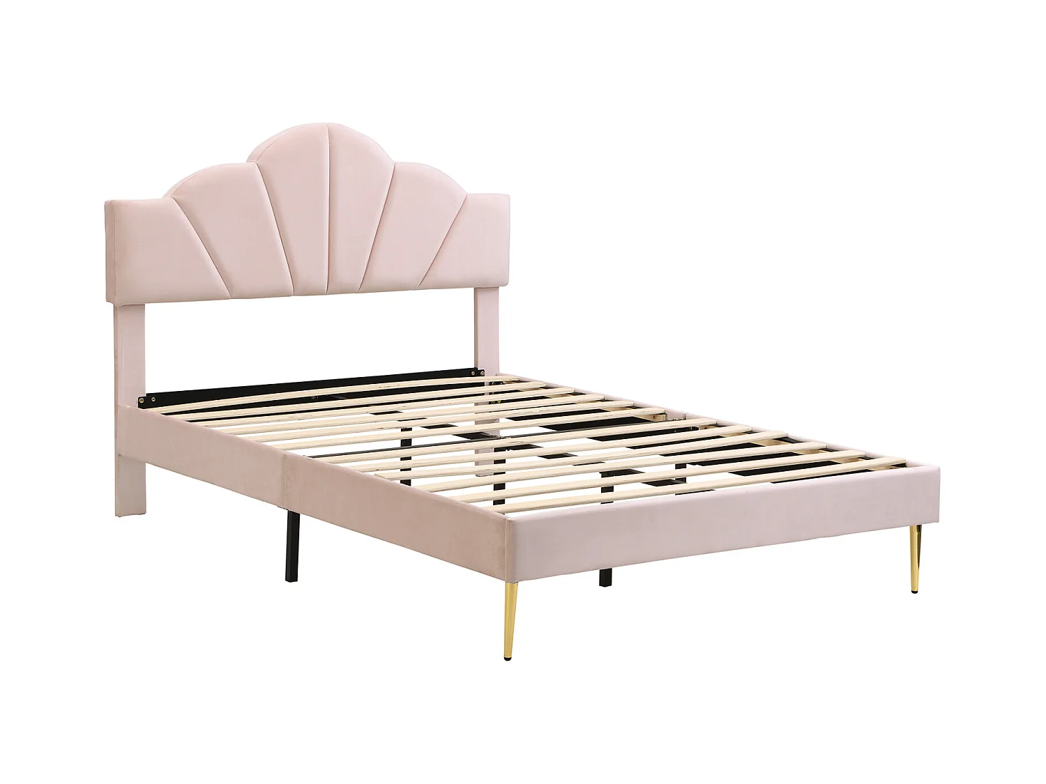 Velours, lit rembourré, 140*190 cm, lit double, lit en forme de coquille avec pieds en fer doré, tête de lit réglable en hauteur, sommier à lattes en bois, rose