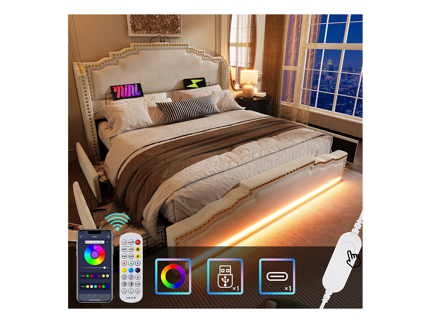 Lit adulte 160x200cm avec 4 tiroirs, LED multicolore et USB type-C, en velours beige, sans matelas
