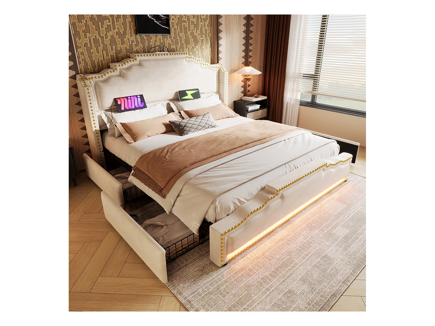 Lit adulte 160x200cm avec 4 tiroirs, LED multicolore et USB type-C, en velours beige, sans matelas