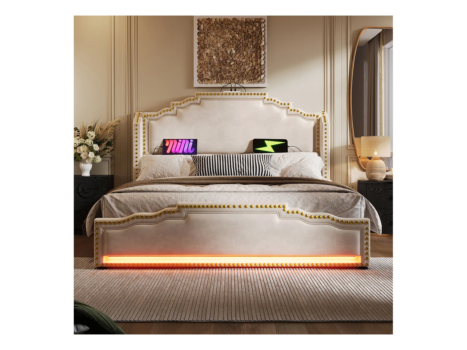 Lit adulte 160x200cm avec 4 tiroirs, LED multicolore et USB type-C, en velours beige, sans matelas