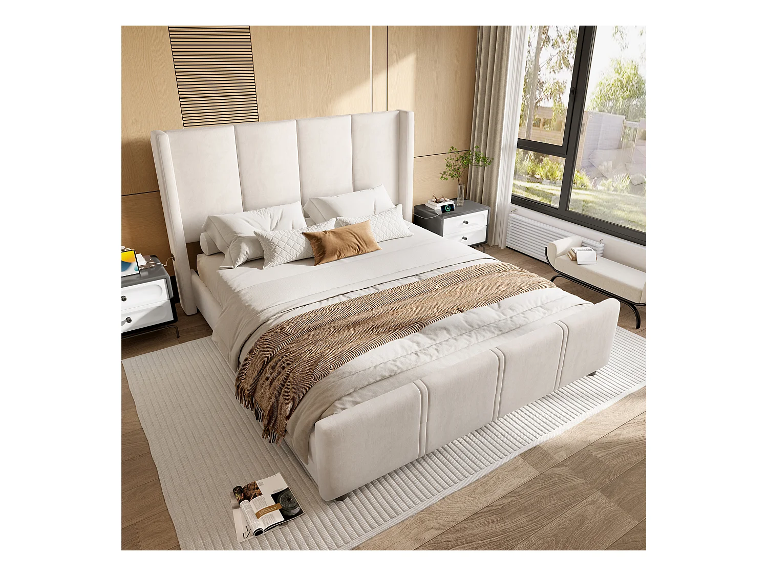 Lit adulte 140x200cm avec USB type-C, en velours beige, sommier à lattes, sans matelas
