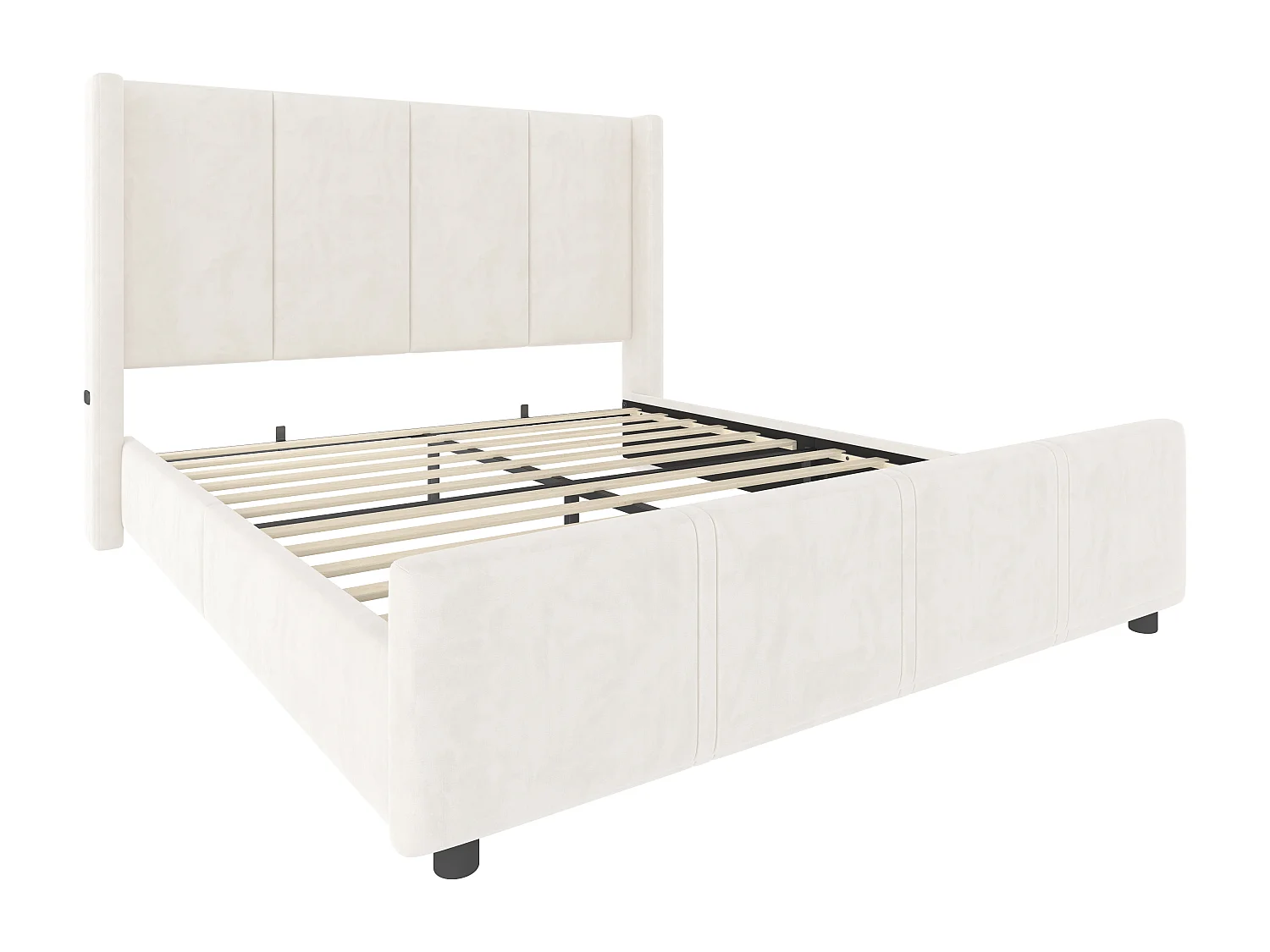 Letto per adulti 140x200 cm con porta USB tipo C, rivestito in velluto beige, rete a doghe, senza materasso