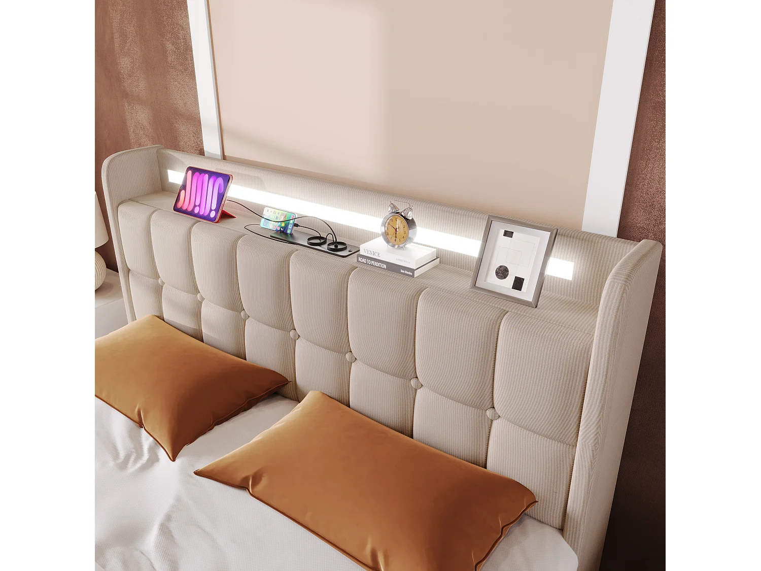 Lit adulte 180x200 cm beige avec 4 tiroirs, port USB et LED, lin, sommier à lattes, sans matelas