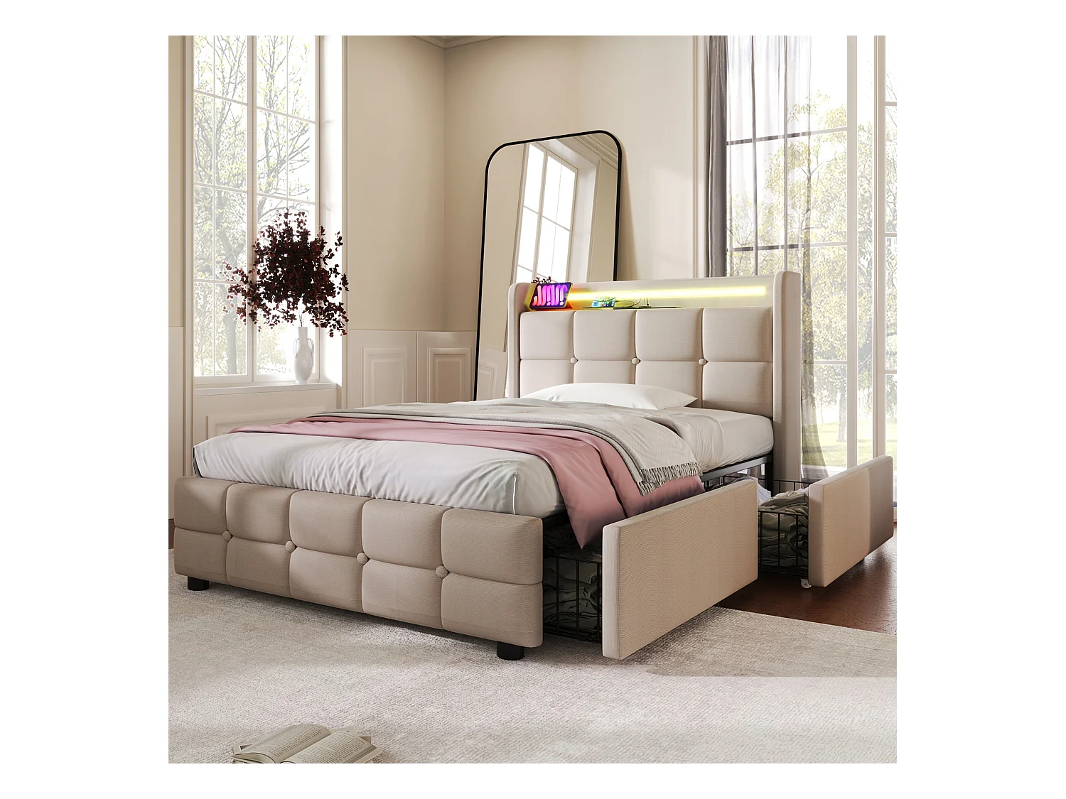 Lit adulte 90x200 cm beige avec 2 tiroirs, port USB et LED, lin, sommier à lattes, sans matelas