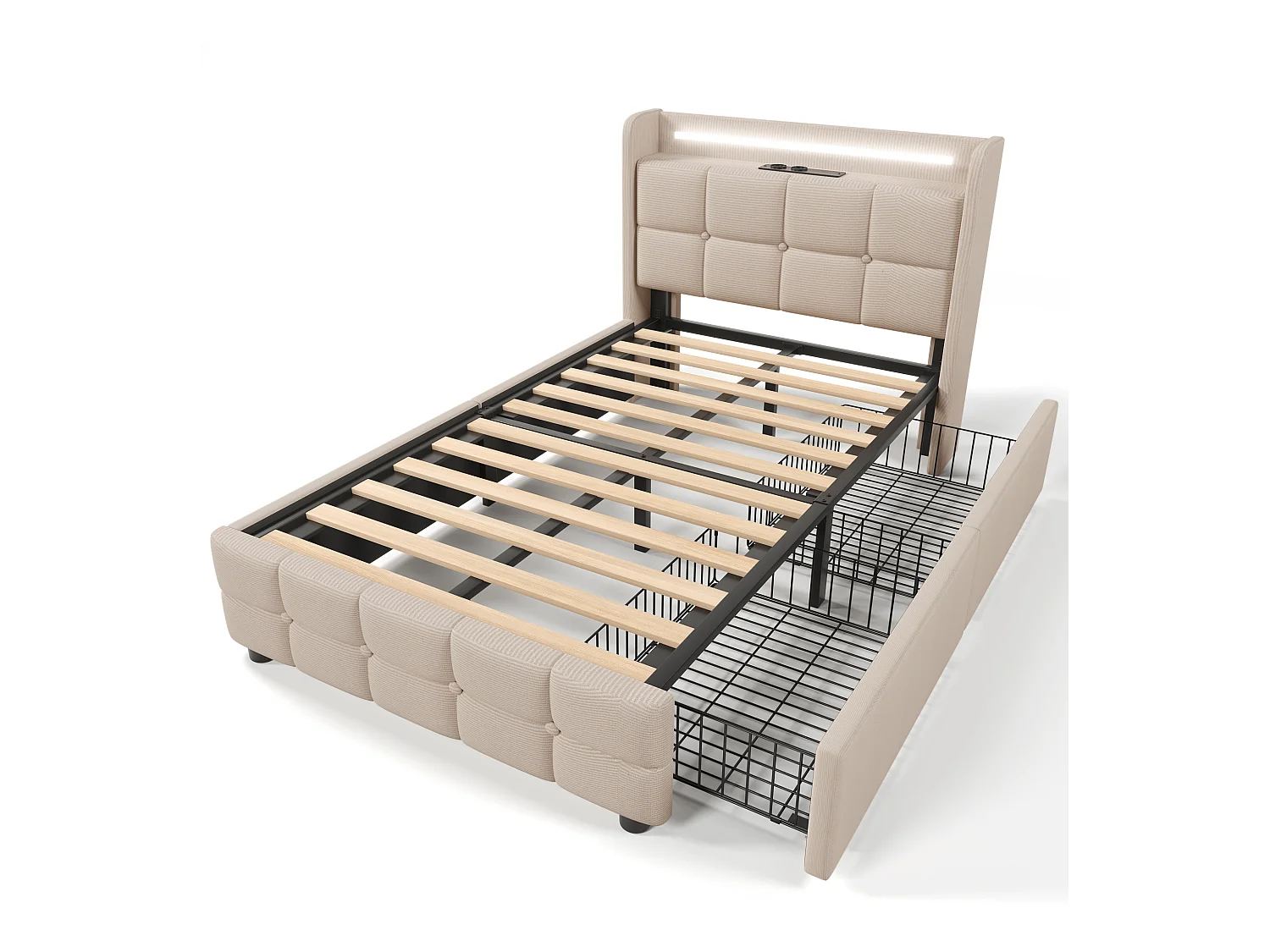 Lit adulte 90x200 cm beige avec 2 tiroirs, port USB et LED, lin, sommier à lattes, sans matelas