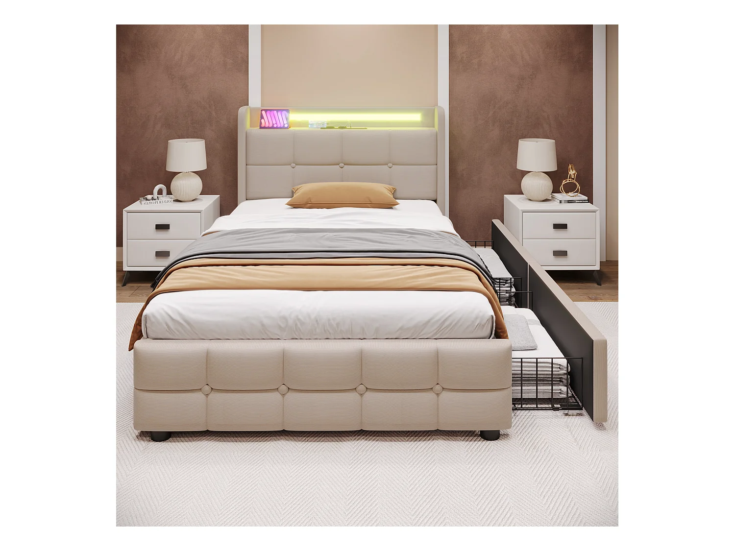 Lit adulte 90x200 cm beige avec 2 tiroirs, port USB et LED, lin, sommier à lattes, sans matelas