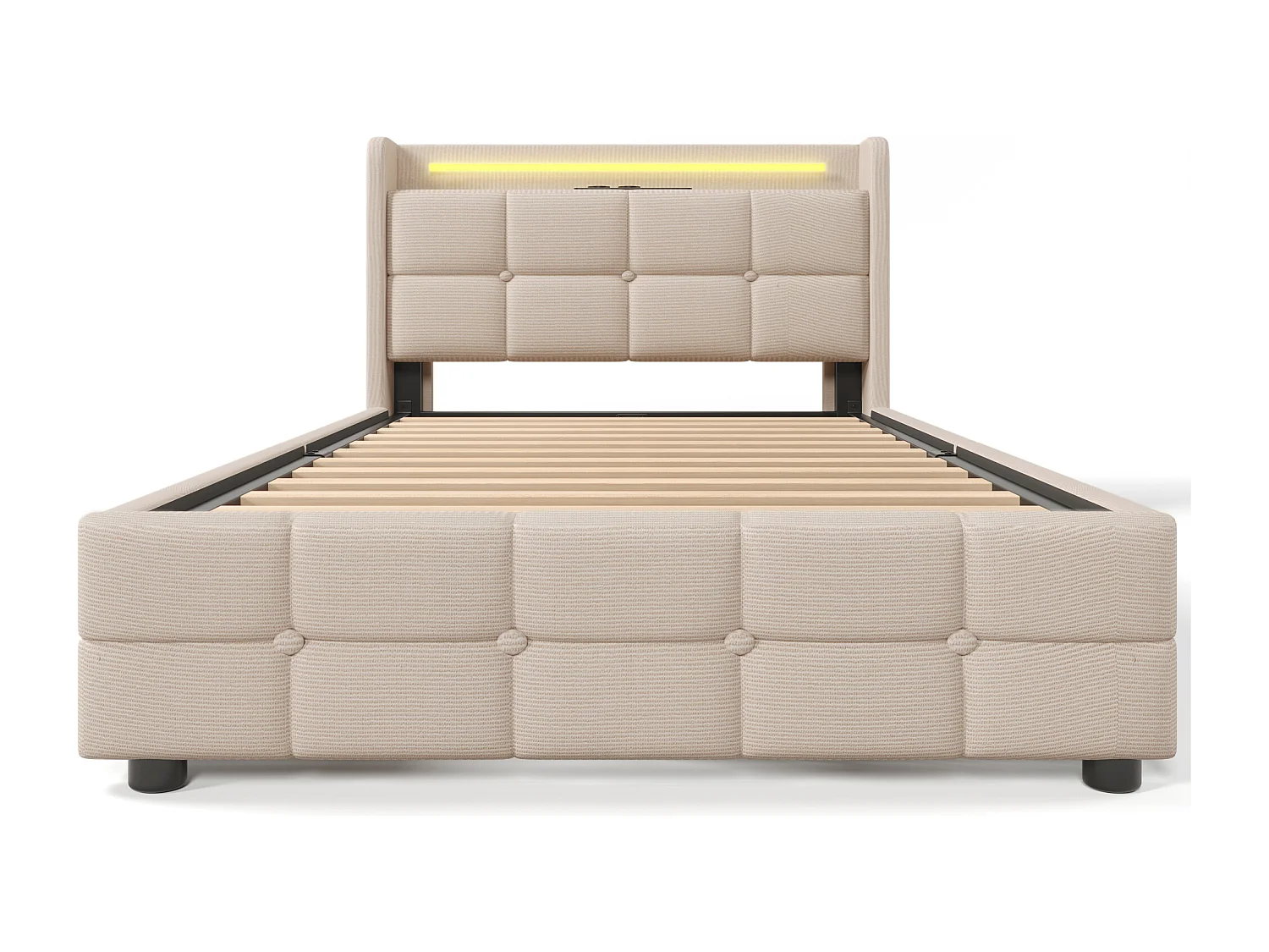 Cama adulta 90x200 cm beige con 2 cajones, puerto USB y luces LED, lino, somier de láminas, sin colchón