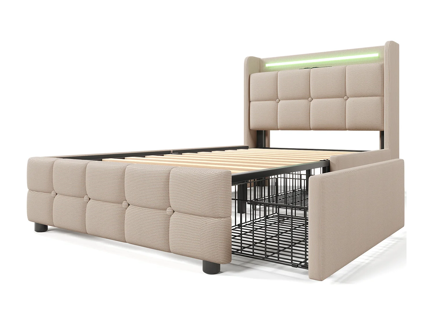 Cama adulta 90x200 cm beige con 2 cajones, puerto USB y luces LED, lino, somier de láminas, sin colchón