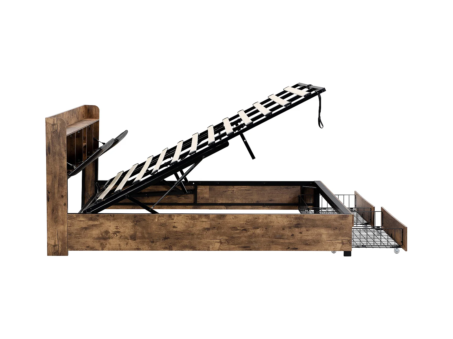 Lit en métal, 180 x 200 cm, lit hydraulique, lit Junior, lit double avec tête de lit de rangement et cadre à lattes métalliques, sans matelas, convient aux adultes