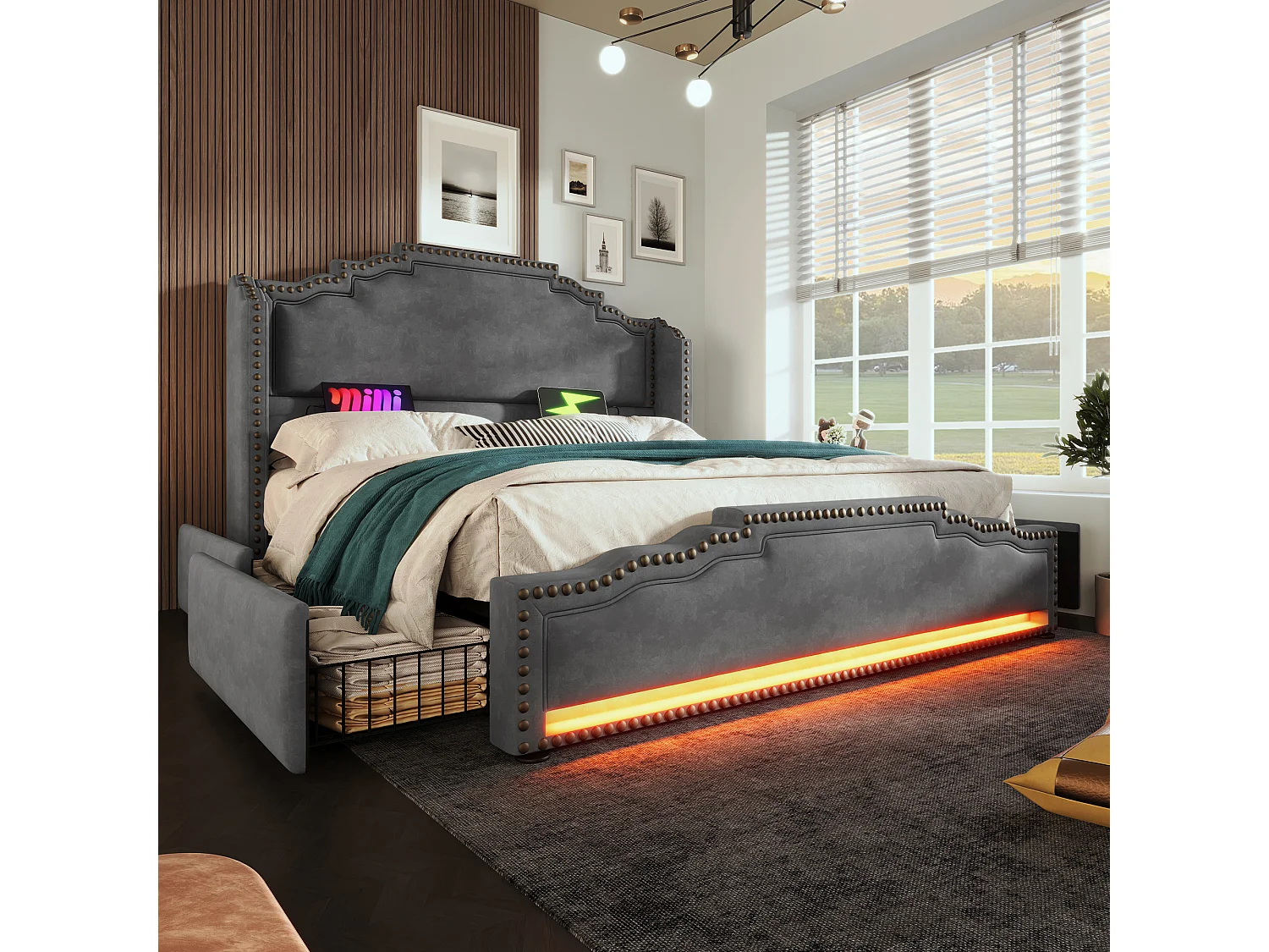 Cama de adulto 180x200 cm com 4 gavetas, LED multicolor e USB tipo-C, veludo cinza, sem colchão