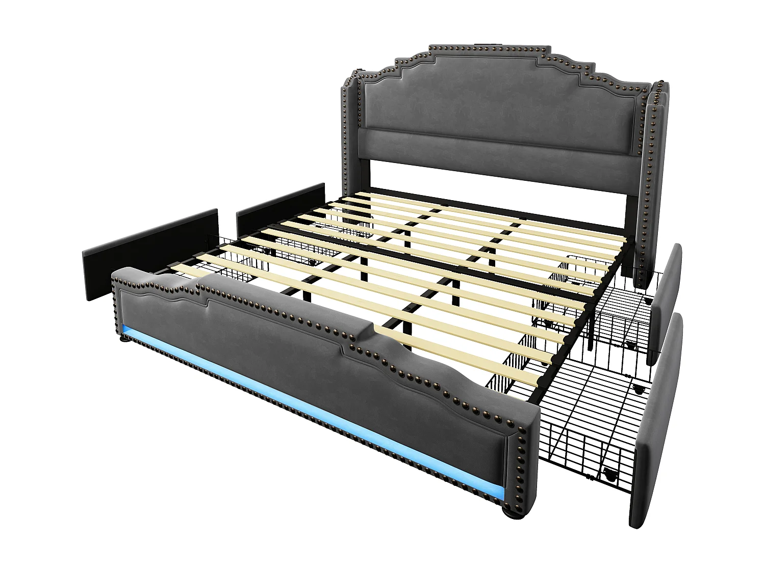 Cama de adulto 180x200 cm com 4 gavetas, LED multicolor e USB tipo-C, veludo cinza, sem colchão